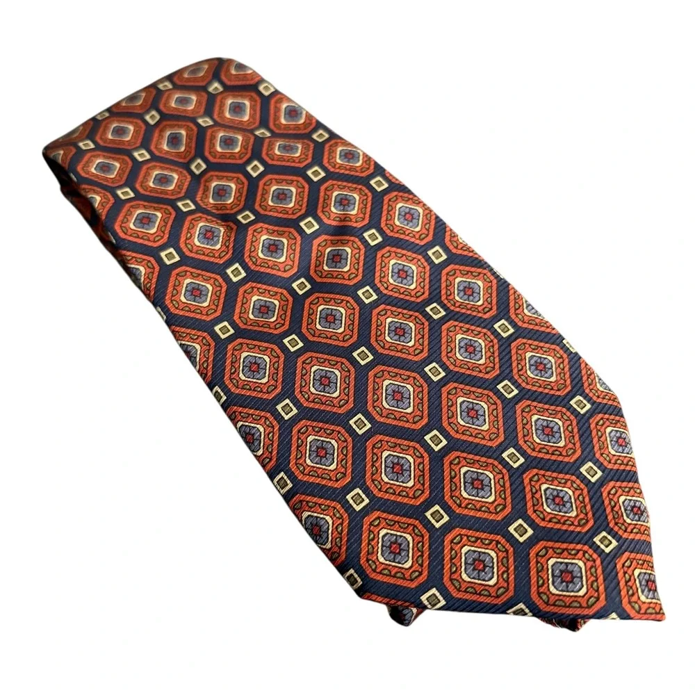 Tasso Elba 100%‎ Silk Tie Geometric Red Navy Diamond Pattern 60